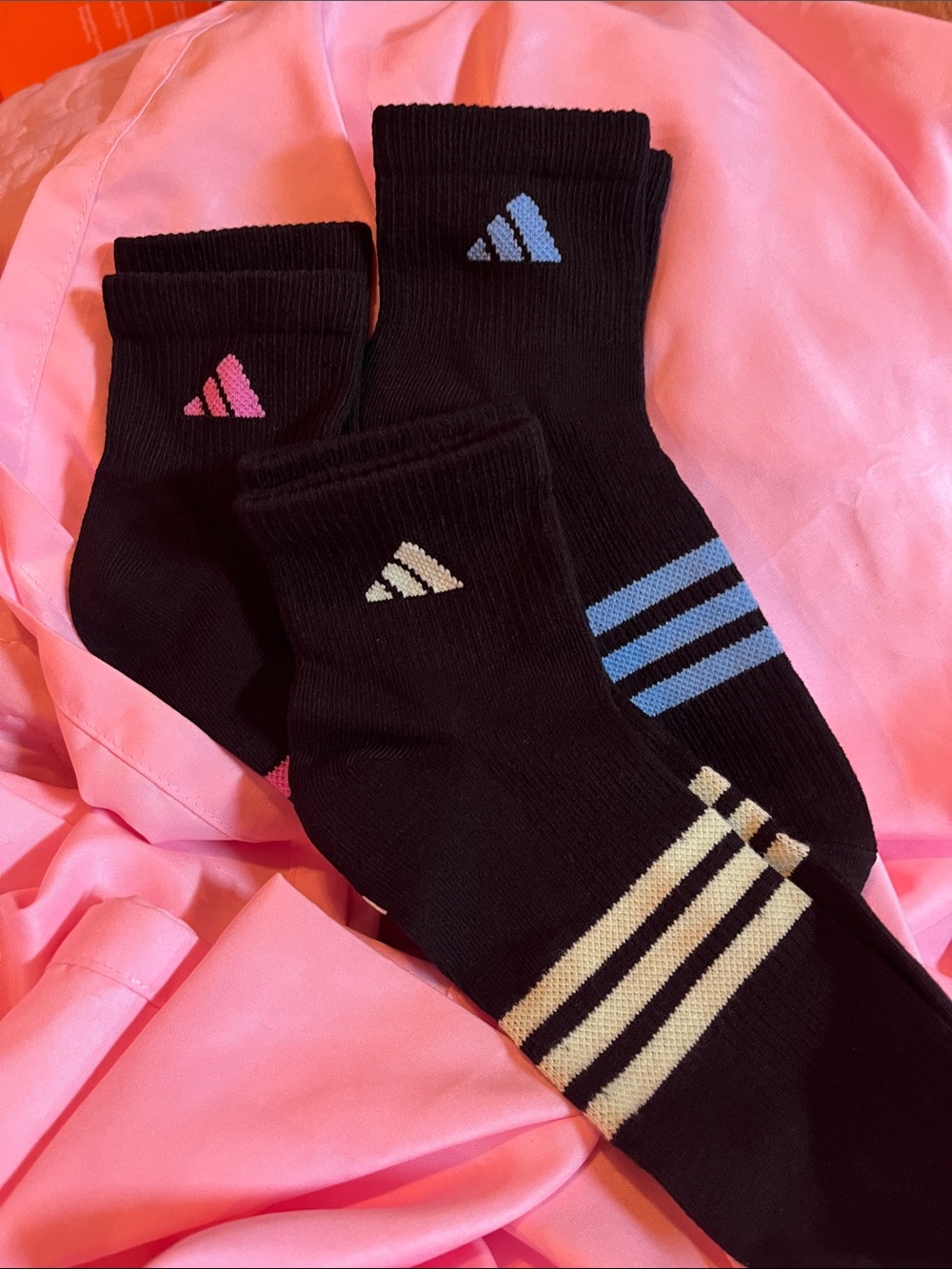 adidas Black Crew Athletic Socks with Pink, Blue & Cream Accents (3-Pack)
